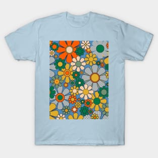 Retro Garden Gingham Flowers Colorful Vintage Aesthetic Floral Pattern Blue Mustard Green Orange T-Shirt